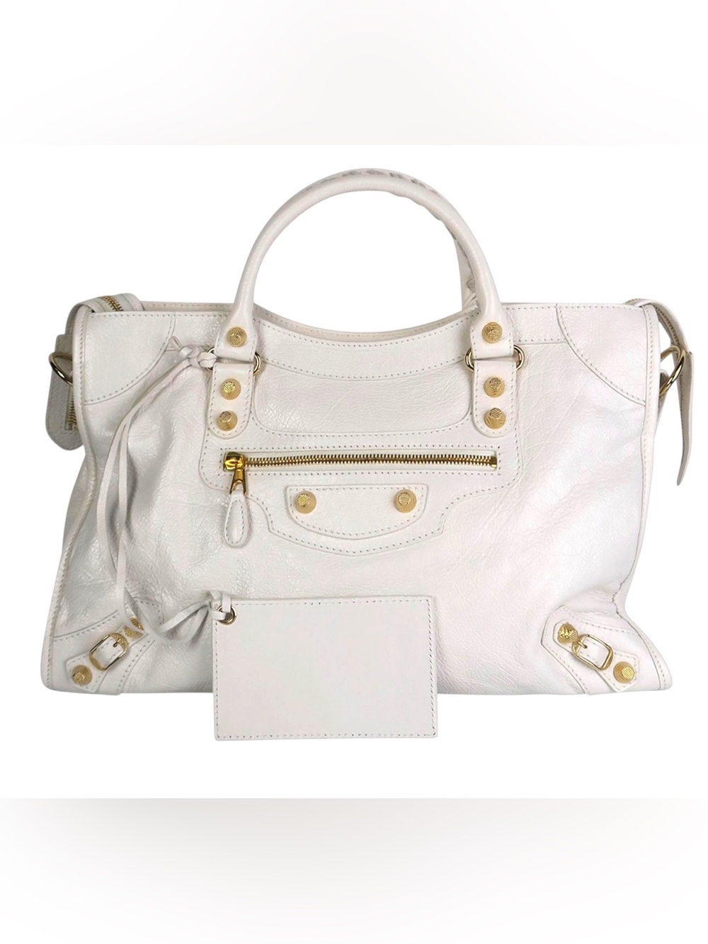 Auth Balenciaga White Leather City Classic medium Shoulder Bag 12 Giant Gold EUC